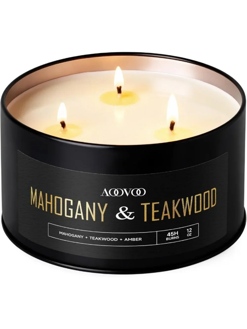 3 Wick Mahogany Teakwood Candle - 12oz Black Scented Soy Candle, Long Lasting